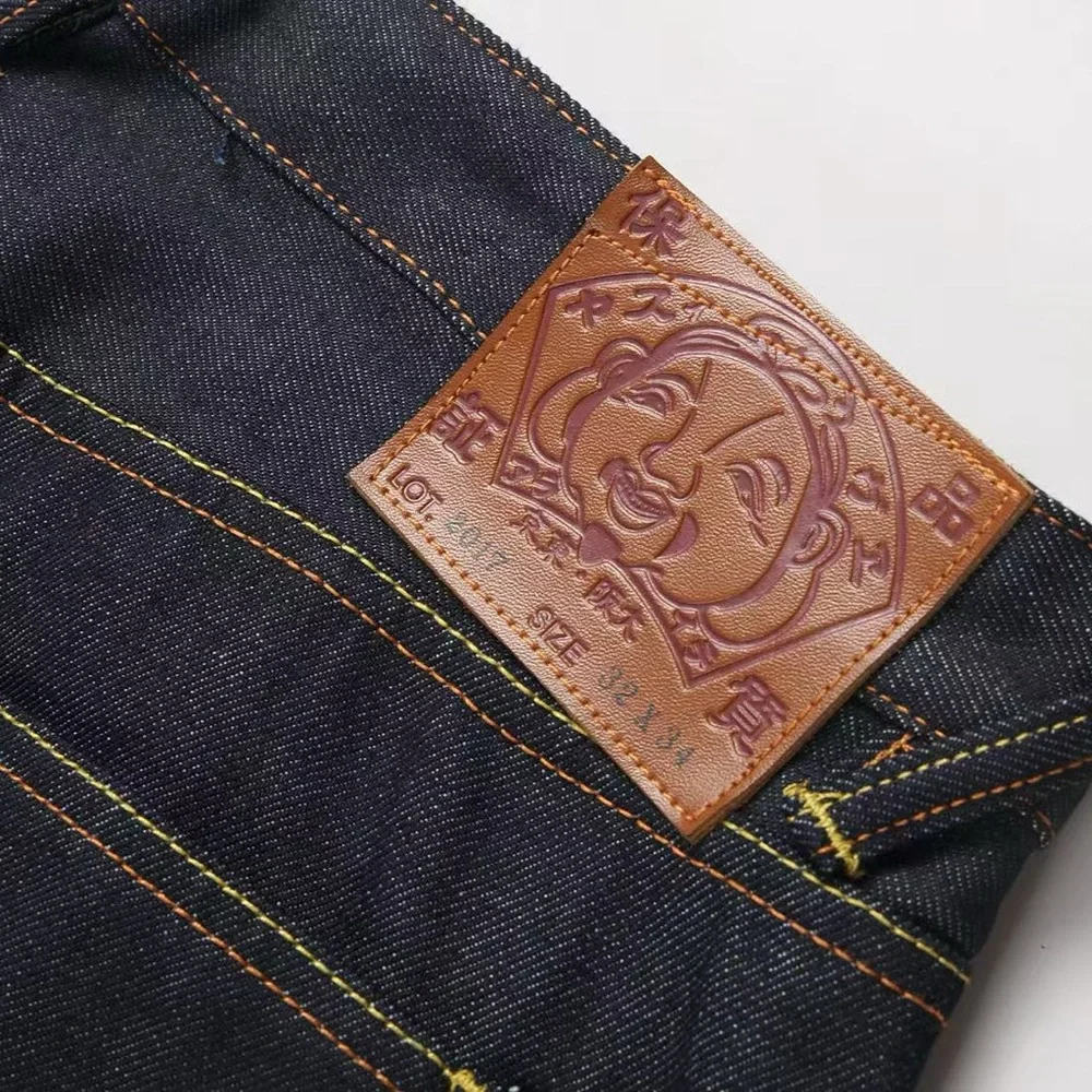 Evisu Dark Blue Straight Jeans with Yellow Patch Accents